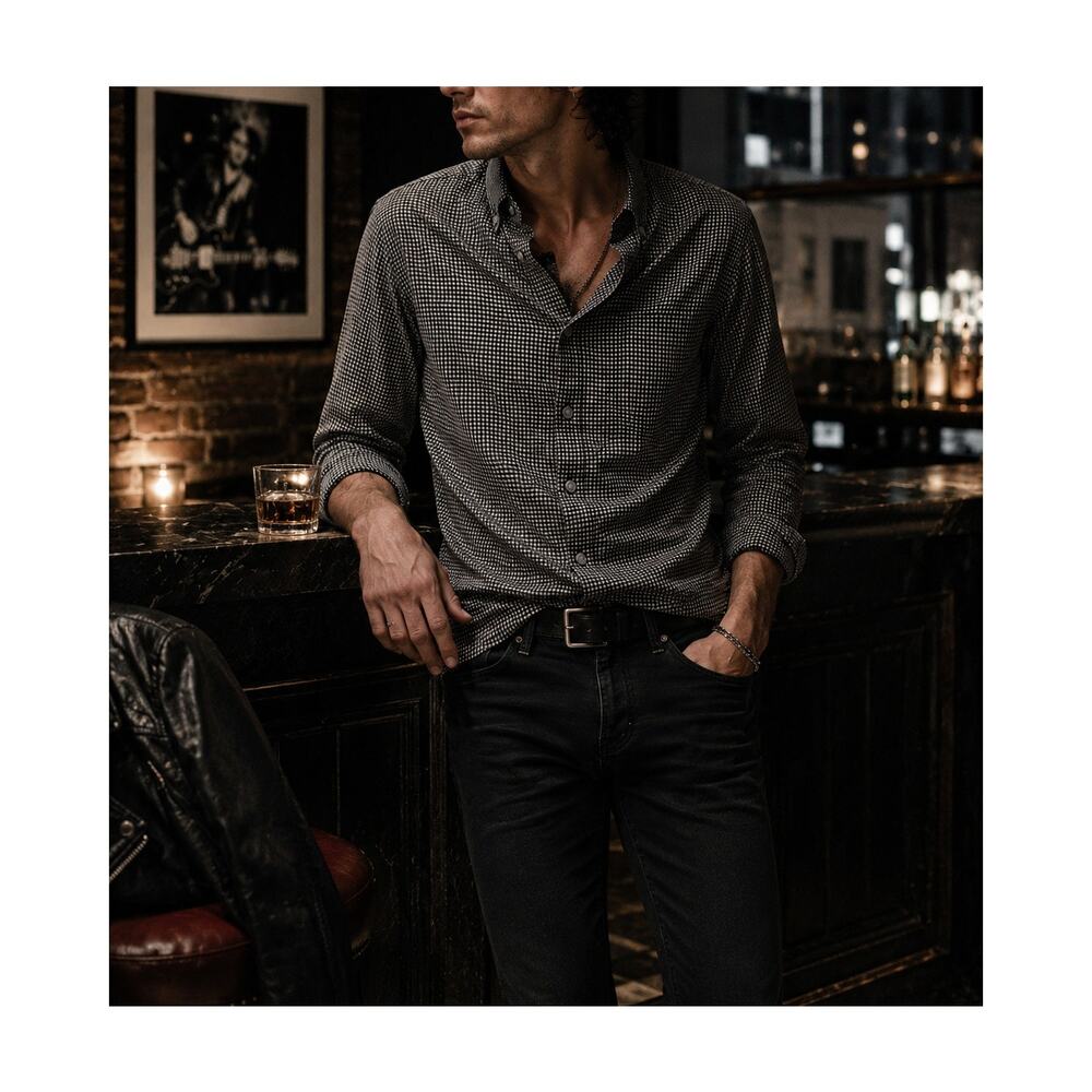 John Varvatos Shirt Mens XL Black White Button Up Rocker Minimalist Grunge Indie
